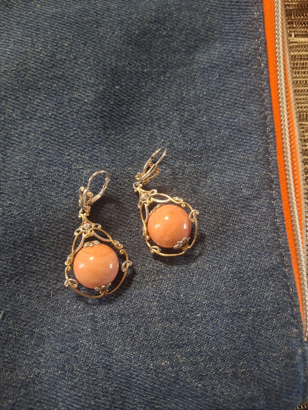 Gold Filigree Drop Earrings with Coral Pink Stone